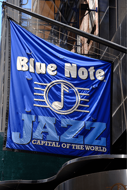 Blue Note New York flag hangs outside of the venue.