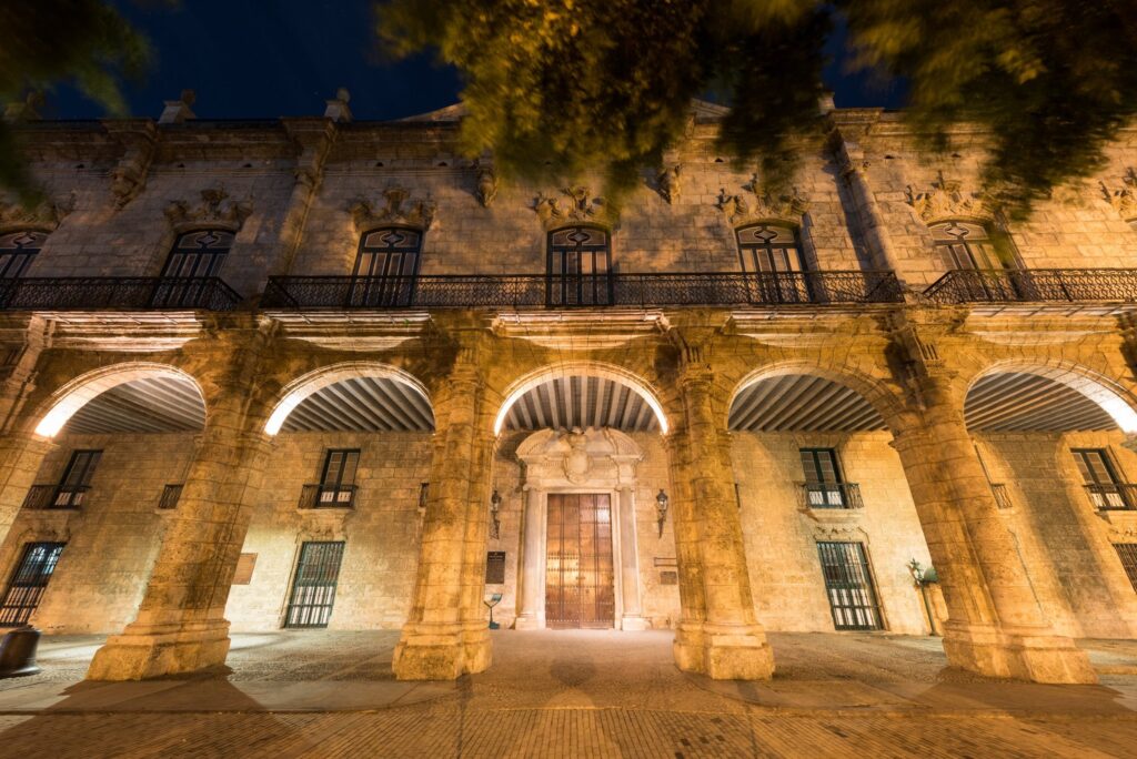 Plaza de Armas in Old Havana lit up at night